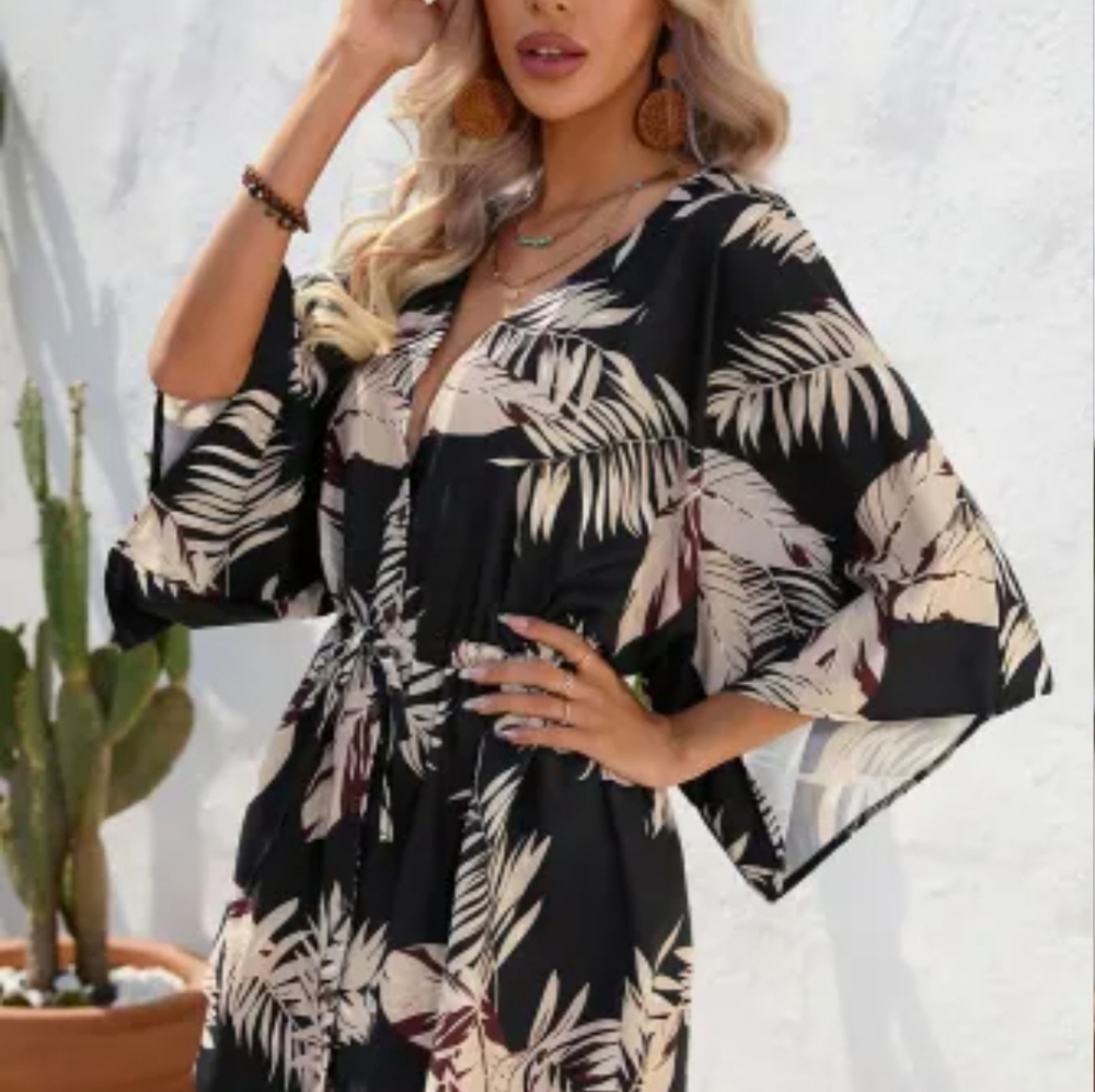 Black Boho Geometric Print Button Drawstring Batw… - image 2